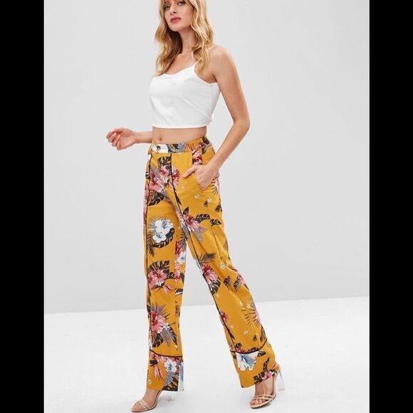 Topshop Asian Oriental yellow floral flower print wide leg trousers belted Sz 8 - Picture 3 of 16